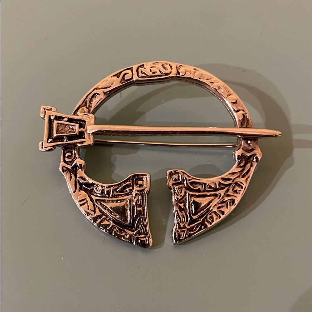Vintage Silver-Toned Tara Penannular Style Celtic Brooch Pin Signed C.J.